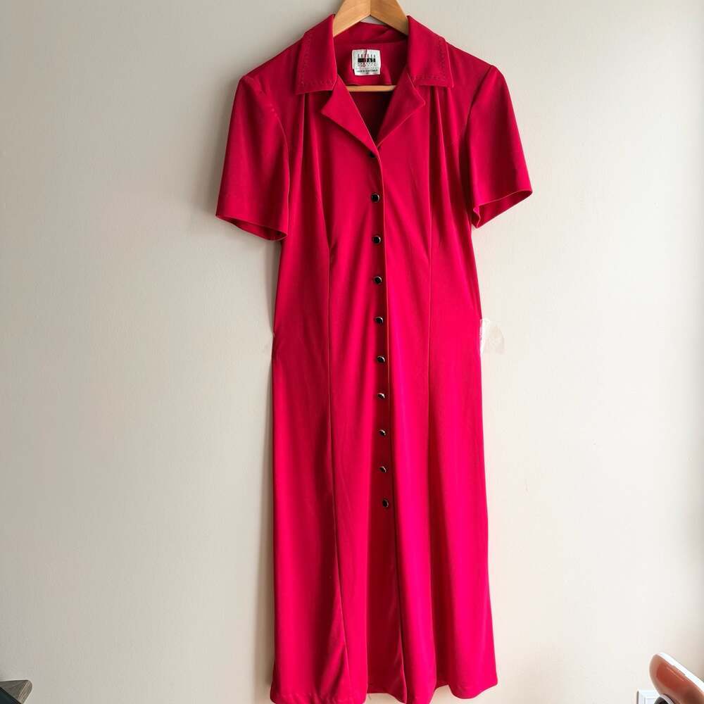 Vintage Leslie Fay Petite Pink Button-Front Short Sleeve Midi Dress- Size Petite